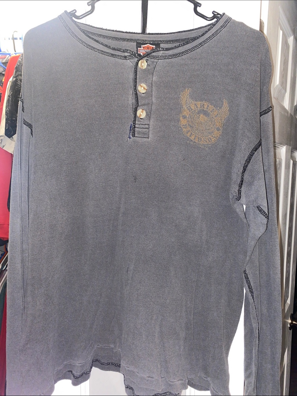 Harley-Davidson Gray Washed Long Sleeve Henley with Gold Logo